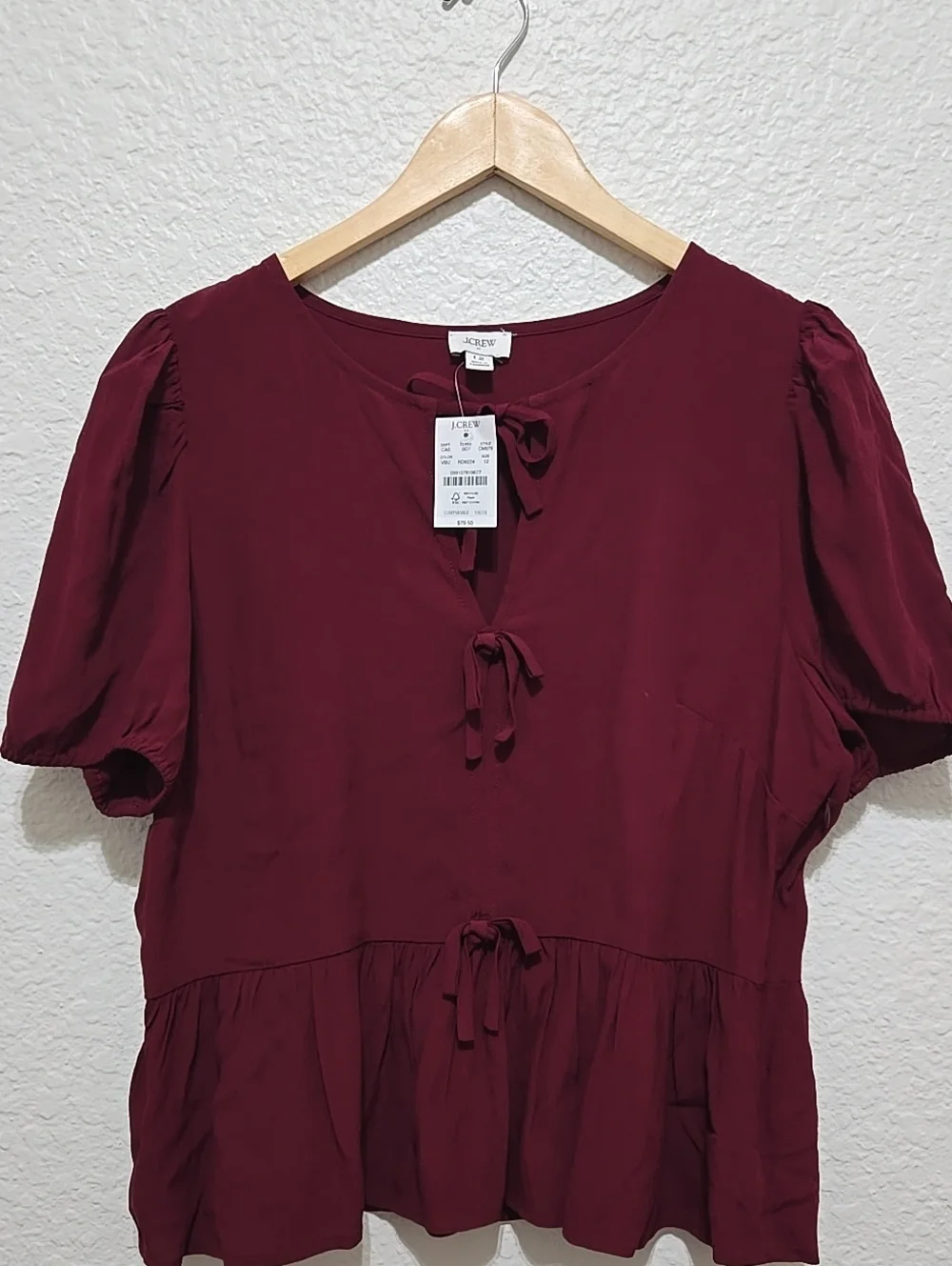 NWT J. Crew Burgundy Tie-Front Peplum Top